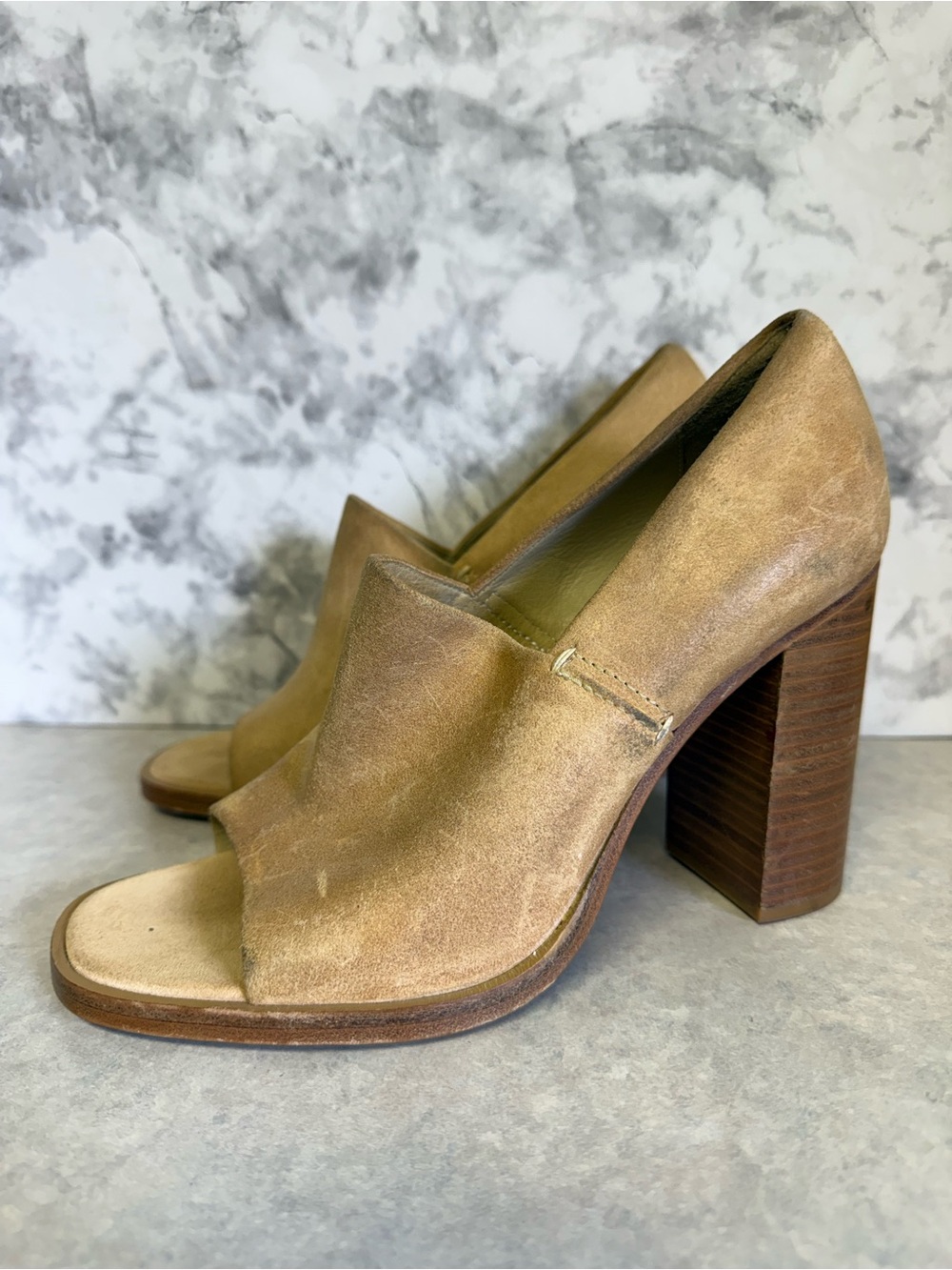 Rag & Bone New York Tan Suede Block Heel Open Toe Mules EU 38.5